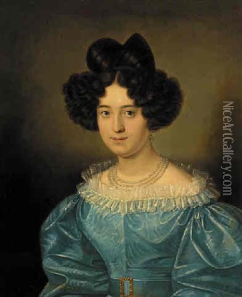 Portrait Of An Elegant Young Lady In A Blue Silk Dress With A Lace Collar Oil Painting - Karl Franz Joseph Thelott