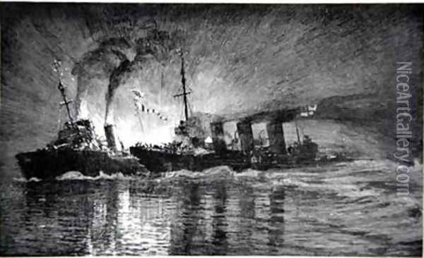 Broke ramming the German Destroyer illustration from The Naval Front by Gordon S Maxwell 1920 Oil Painting - Donald Maxwell
