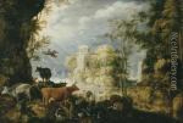 A Wooded Landscape With Cows, Birds And Other Animals By A Lake, With A Village Beyond Oil Painting - Roelandt Jacobsz Savery