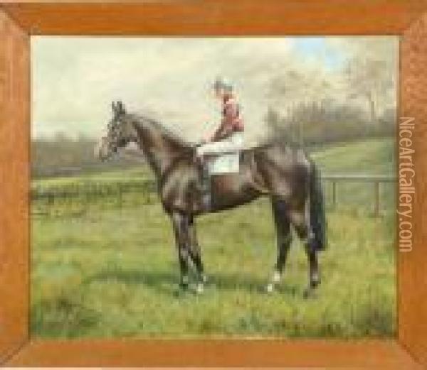 A Portrait Of A Bay Racehorse With Jockey Up Oil Painting - Algernon A.Cankerian Thompson