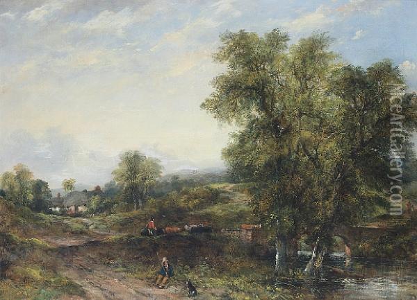 Landscape With Cattle And Drover Crossing Ariver Oil Painting - Frederick Waters Watts
