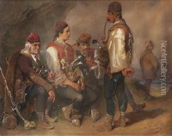 Rauchende Serben. Oil Painting - Carl Goebel