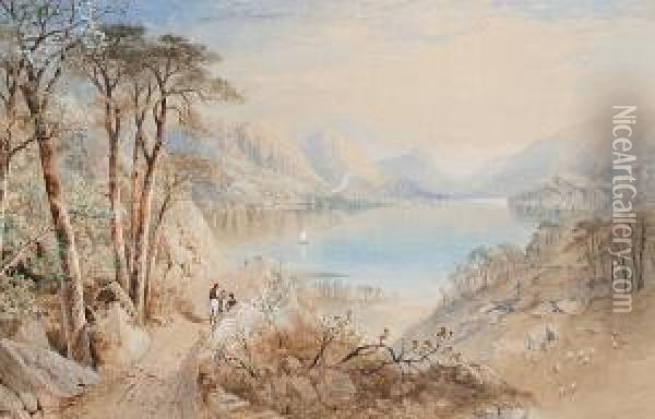 Figures On A Track Above A Lake; A Pony Andtrap On A Track Above A Lake Oil Painting - Cornelius Pearson