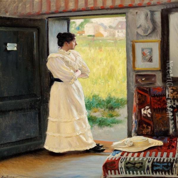 The Artist's First Wifedagny Standing In A Garden Door Oil Painting - Paul-Gustave Fischer