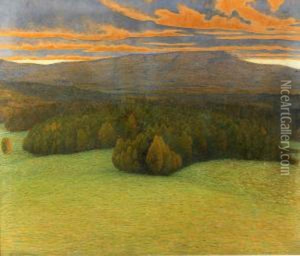 Landskapsutsikt I Aftonrodnad Oil Painting - Gustaf Fjaestad