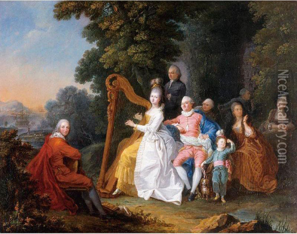 An Elegant Party In The Countryside With A Lady Playing The Harp And A Gentleman Playing The Guitar Oil Painting - Pierre Michel De Lovinfosse