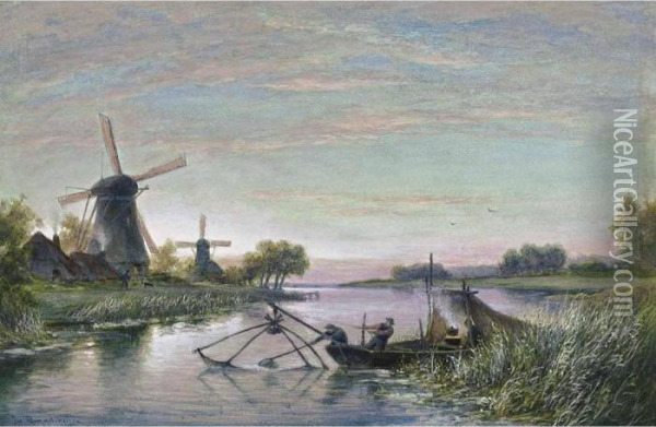 Fishermen By A Windmill Oil Painting - Cornelis Christiaan Dommersen