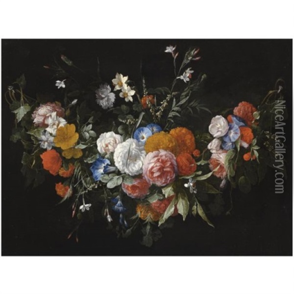 A Swag Of Flowers, Including Roses And Morning Glory Oil Painting - Hieronymus Galle the Elder