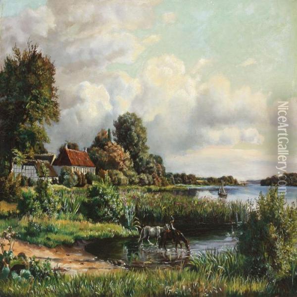 Danish Summer Landscape With House At A Lake And Young Man Watering The Horses Oil Painting - Carl Milton Jensen