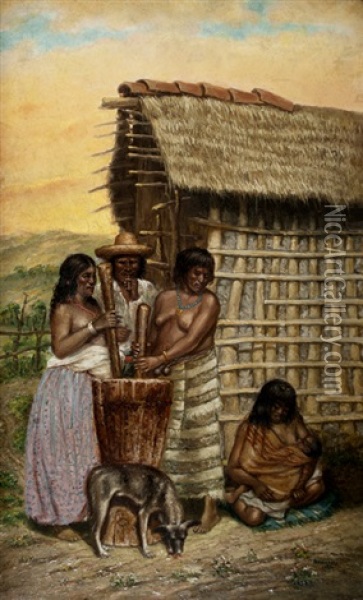 Indios Pisando Maiz Oil Painting - Bernabe Demaria