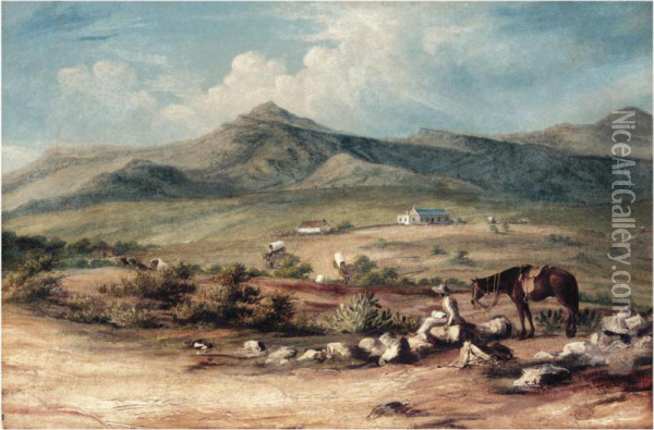 The Artist And His Mount Overlooking A Valley In The Eastern Cape, With A Wagon Train Passing A Farm Below Oil Painting - Thomas John Baines