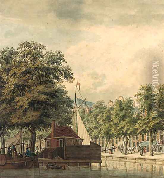 A view of a canal in a town (Amsterdam ) Oil Painting - Jan De Beijer