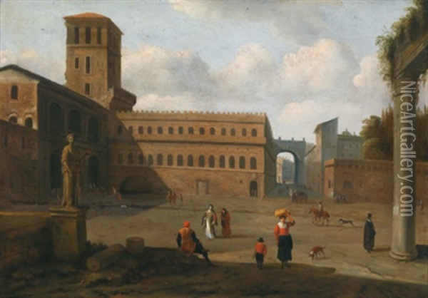 Blick Auf Den Platz Einer Italienischen Stadt Mit Einem Renaissance Palazzo Und Figuren Oil Painting - Jan van Huchtenburg