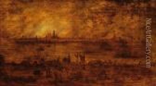 View Of The Schelde And A Burning City Of Antwerp Oil Painting - Frans de Momper