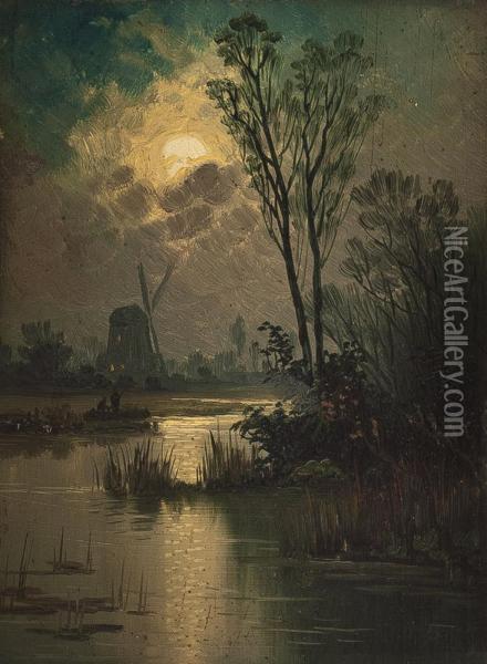 Nachtliche Seenlandschaft Mit Windmuhle Oil Painting - Johann Jungblutt