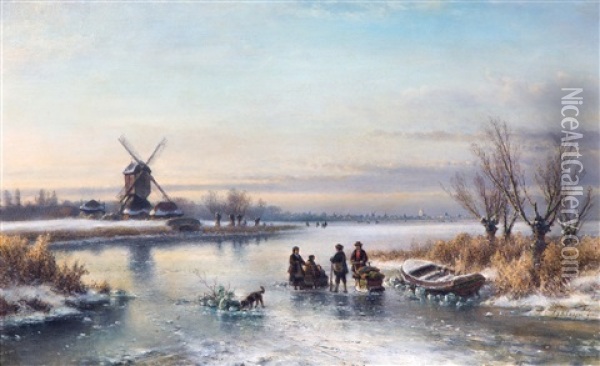 Dutch Winter Landscape With Figures On A Frozen Waterway Oil Painting - Lodewijk Johannes Kleijn