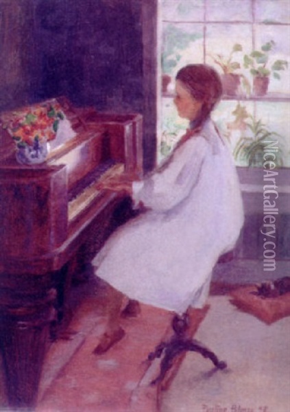 Young Girl At The Piano Oil Painting - Pauline Palmer