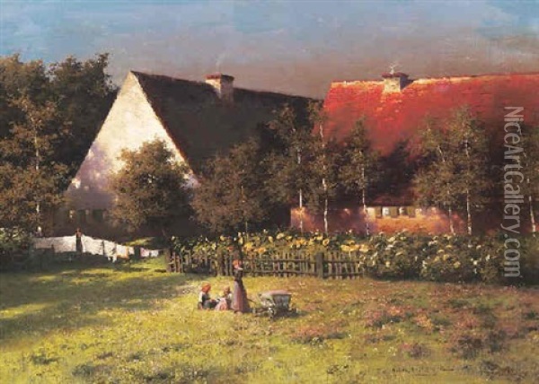 Sommeridylle. Spielende Kinder Auf Der Wiese Hinter Einem Bauernhaus Oil Painting - Paul Wilhelm Keller-Reutlingen