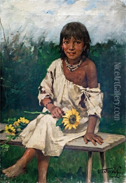 Girl With Sunflower (leanyka Napraforgoval) Oil Painting - Gyoergy Vastagh