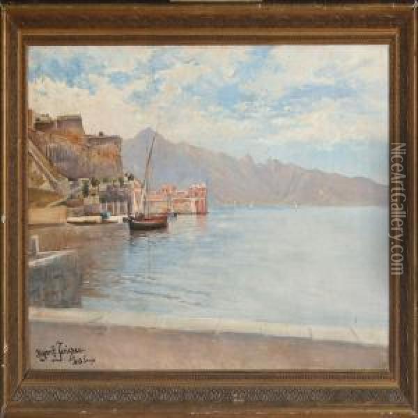 Italian Scenery From Artificial Harbour At The Island Elba, Italy Oil Painting - Harald Jerichau