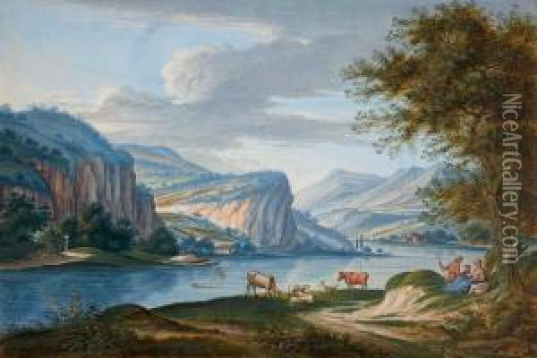 Zwei Flusslandschaftenmit Hirtenstaffage Oil Painting - Jakob Rieger