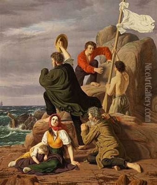 Skibbrudne Pa En Klippe, Som I Det Fierne Opdage Et Skib Til Deres Frelse Oil Painting - Peter (Johann P.) Raadsig
