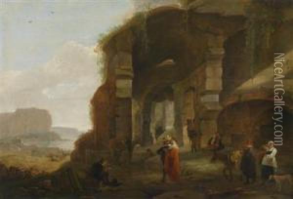 A Southern Landscape With Figures Nearruins And A Seaport Oil Painting - Thomas Wyck
