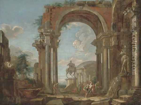 A capriccio of classical ruins with soldiers and other figures conversing by the equestrian statue of Marcus Aurelius Oil Painting - Giovanni Paolo Panini