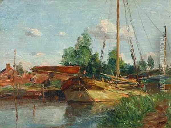 Kanal Mit Gehoft Und Segelschiff Oil Painting - Romain Steppe