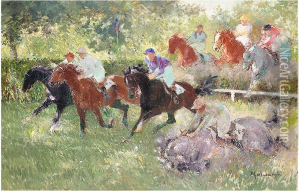 Racing At Auteuil Oil Painting - Louis Ferdinand Antoni