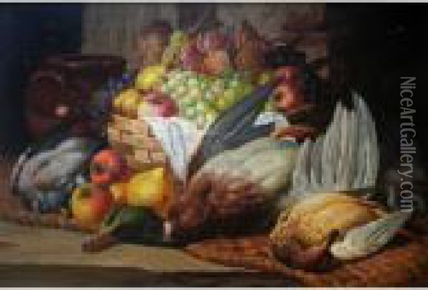 Still Life Of Duck, Pigeon And Fruit On A Shelf Oil Painting - Charles Thomas Bale