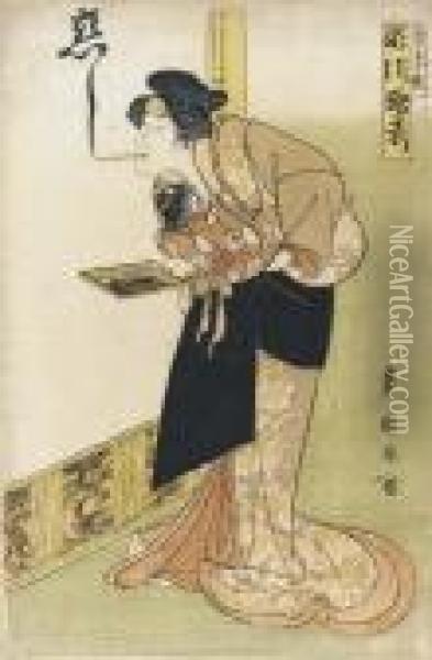 Holding A Baby And Writing A Farewell Oil Painting - Toyokuni