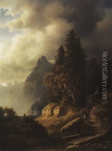 Ziegenhirte Mit Herde, Im Hintergrund Urirotstock Oil Painting - Johann Rudolf Rapp