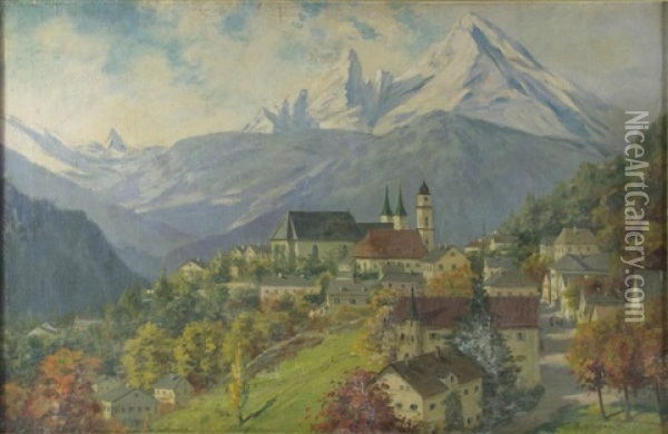 Alpenlandschaft Im Herbst Mit Kirchdorf Oil Painting - Theodor Kleehaas
