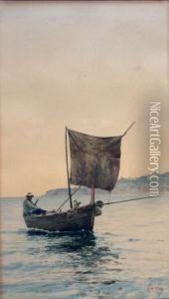 Pescatore Nel Golfo - Acquerello Su Cartone Oil Painting - Vincenzo Loria