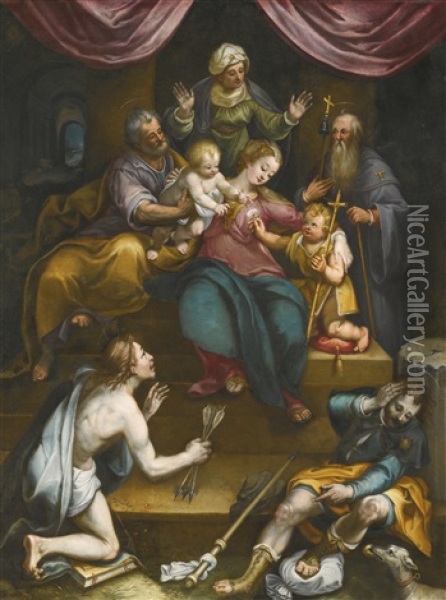 The Holy Family With The Infant Saint John The Baptist And Saint Anne, Together With Saints Anthony Abbot, Sebastian And Roch Oil Painting - Denys Calvaert