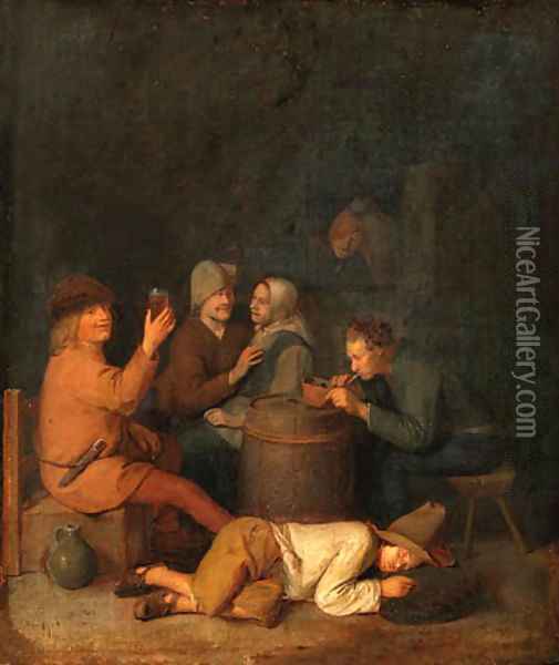 Boors drinking and smoking in an interior Oil Painting - Pieter Harmansz Verelst