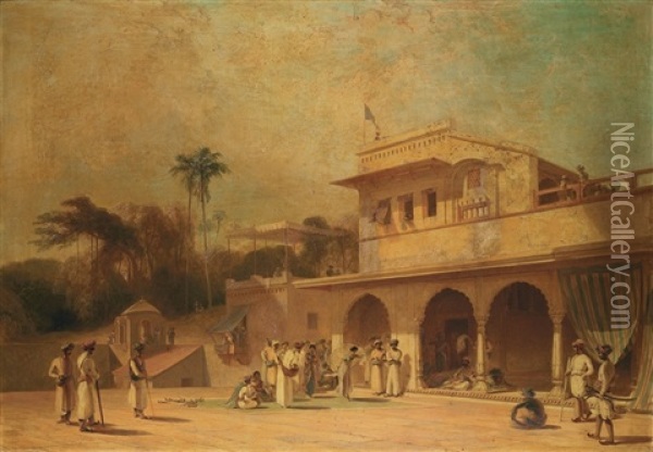 A Palace In Juanpore, India With A Nautch Girl Performing In Front Of A Nobleman Oil Painting - William Daniell