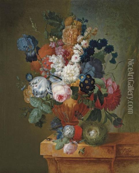 A Tulip, An Iris, Roses, Chrysanthemums, Polyanthas And Other Flowers In A Sculpted Urn Oil Painting - Pieter Faes