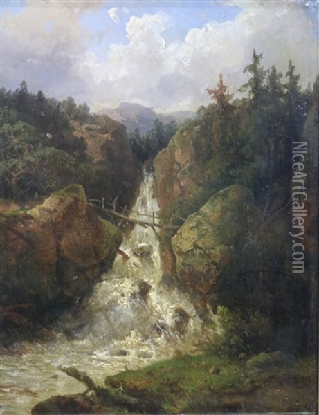 Een Rotsachtig Landschap Met Waterval Oil Painting - Johannes Hilverdink