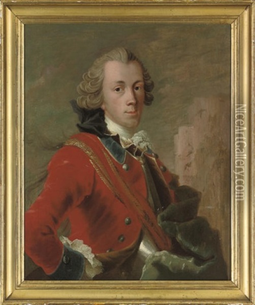 Portrait Of A Danish Cavalry Officer, In A Red Coat Oil Painting - Carl Gustav Pilo