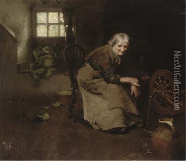 Spinning In A Cottage Interior Oil Painting - Frederick Hall