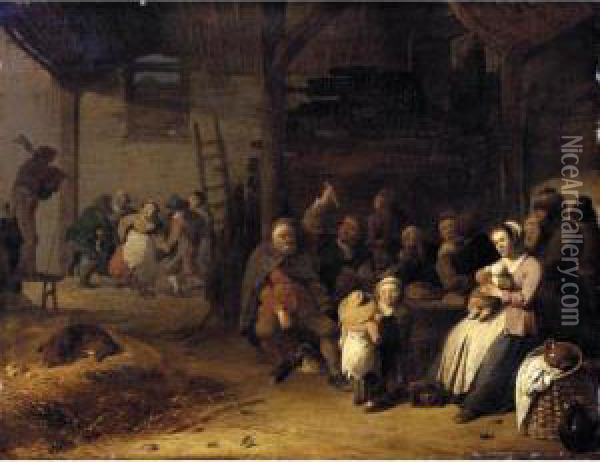 A Barn Interior With Peasants Eating And Dancing To The Music Of Bagpipes Oil Painting - Pieter de Bloot