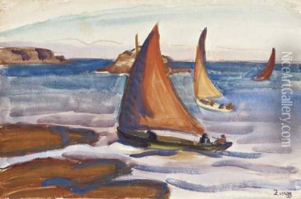 Les Voiles Rouges, Saint Valery, 1924. Oil Painting - Jules Emile Zingg