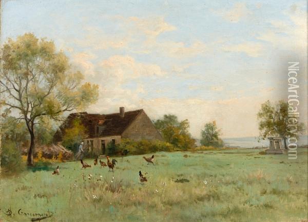 A Rural Scene With A Farmhouse And Roosters In A Yard Oil Painting - Alfred Garcement