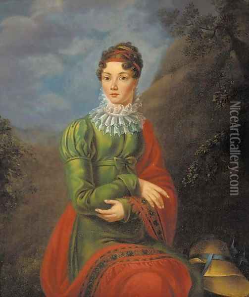 Portrait of a lad in a green dress and red shawl Oil Painting - Jean-Laurent Mosnier