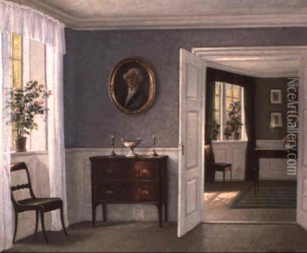 A Sunlit Interior Oil Painting - Hans Hilsoe