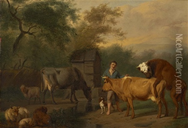 Hirte Mit Vieh An Der Tranke Oil Painting - Jan Kobell the Younger