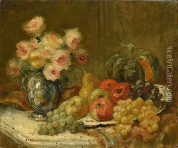 Nature Morte, Roses, Poires Et Fruits D'automne Oil Painting - Jacques Martin