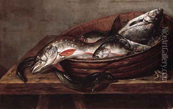 Dead fish in a bowl on a table with a dead frog Oil Painting - Jakob Gillig